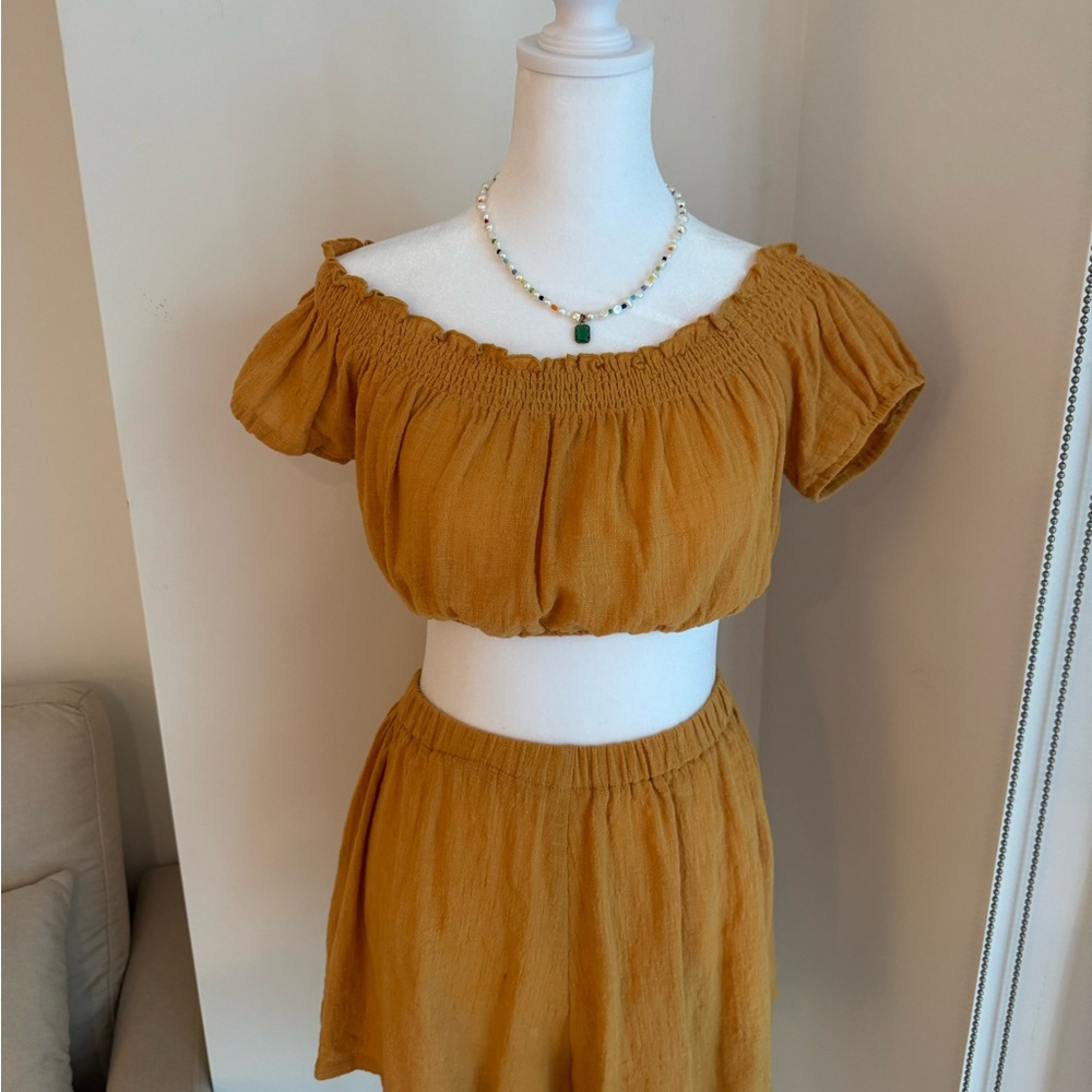 Yellow Smocked Crop Top with Puff Sleeves